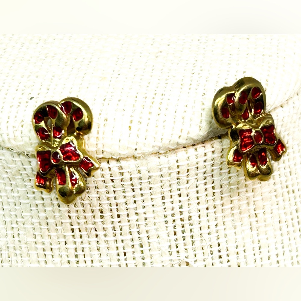 Christmas Candy‎ Cane Red Gems & Goldtone Post Earrings